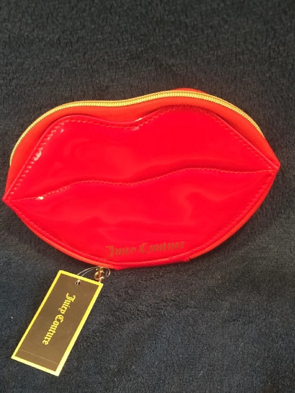JUICY COUTURE Red Patent Lip-Shaped Jewelery Zip Pouch with Gold Accents